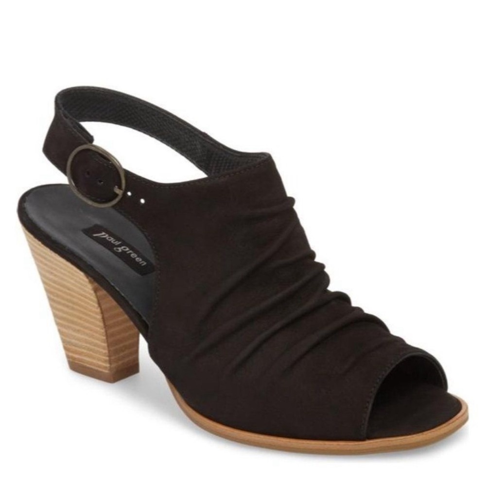 Paul Green Rival Sandal, black nubuck leather, scrunched look,slingback, 8.5